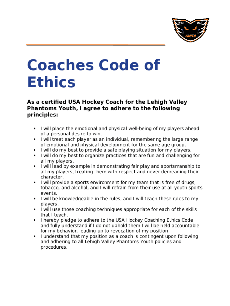 Coaches Code of Ethics As a certified USA Hockey Doc Template