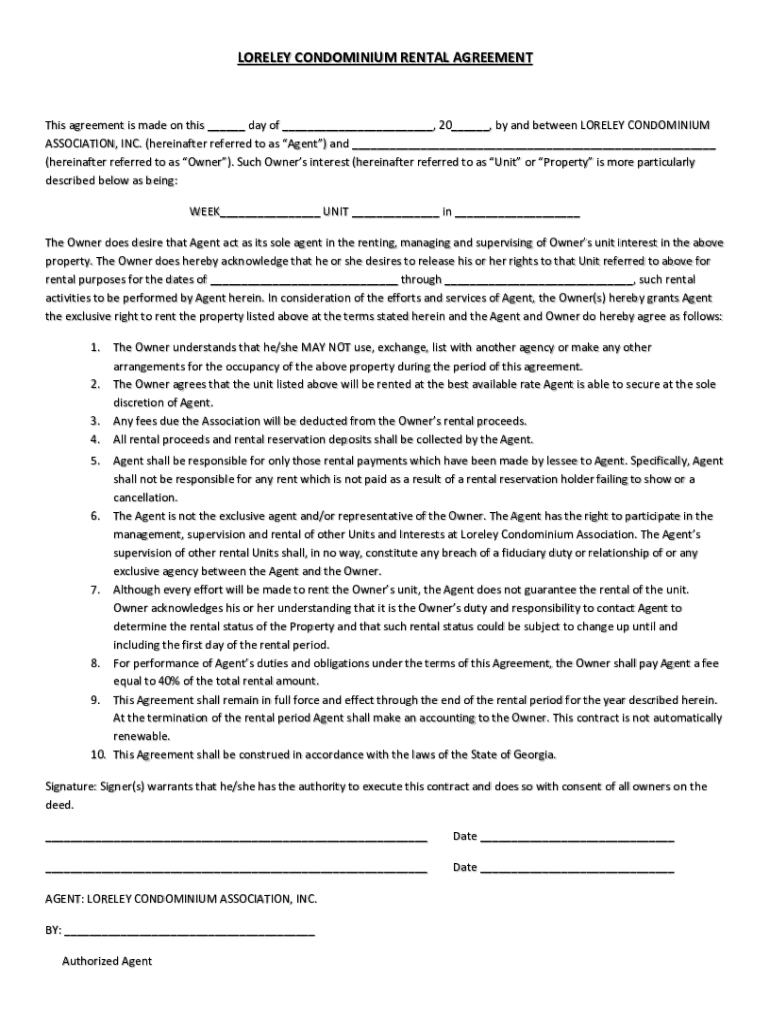 Fillable Online LORELEY CONDOMINIUM RENTAL AGREEMENT Fax Email Print - pdfFiller