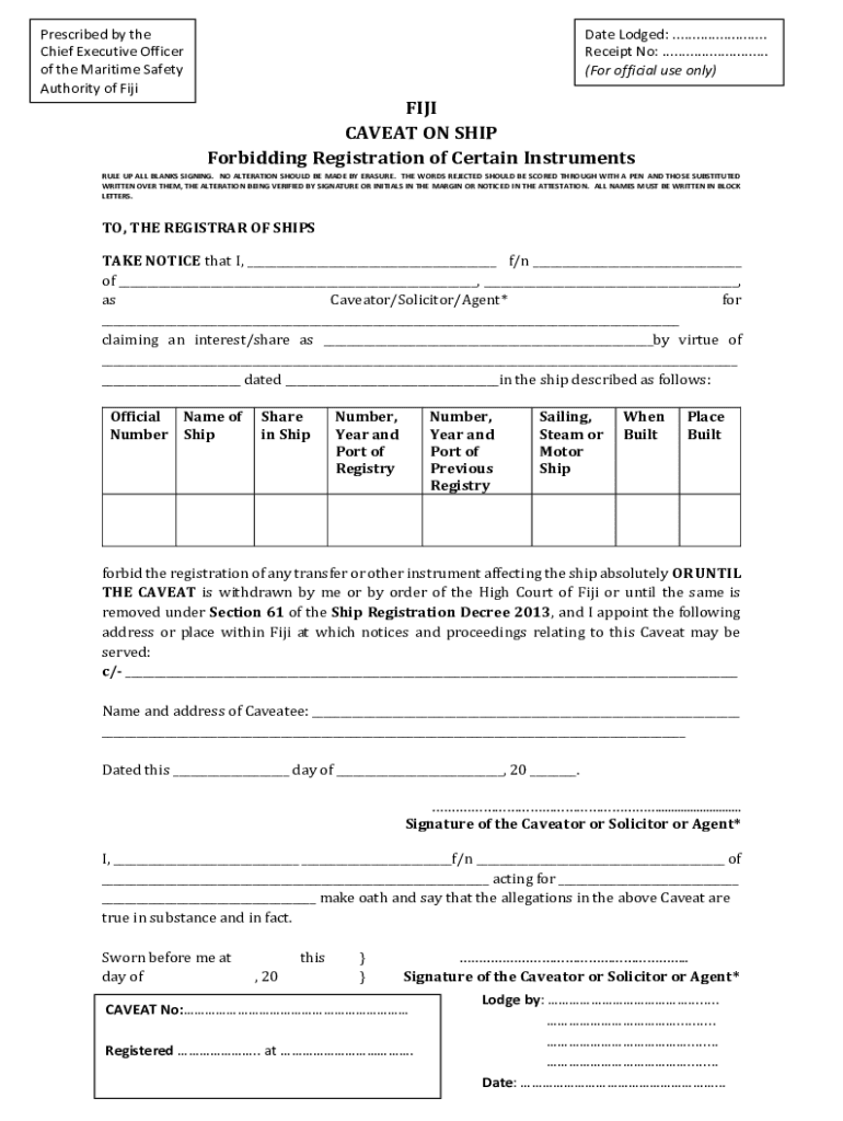 Fillable Online FijiCaveatonShipForbiddingRegistrationofCertain Fax Email Print