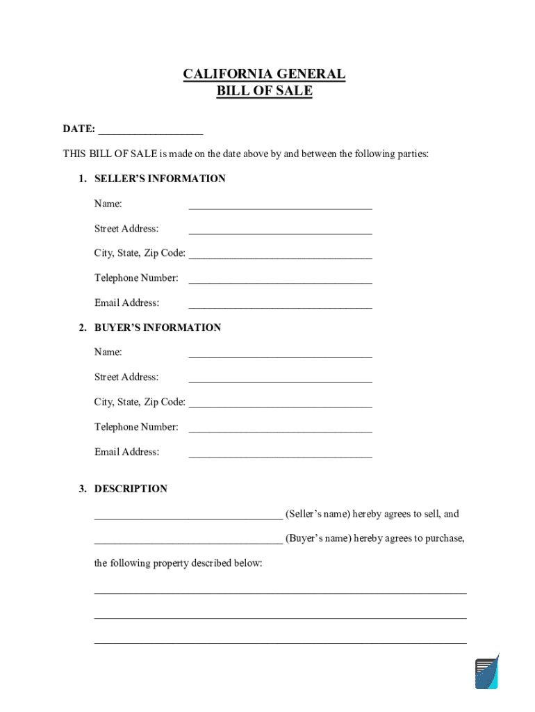 Fillable Online California General Bill of Sale Template. California