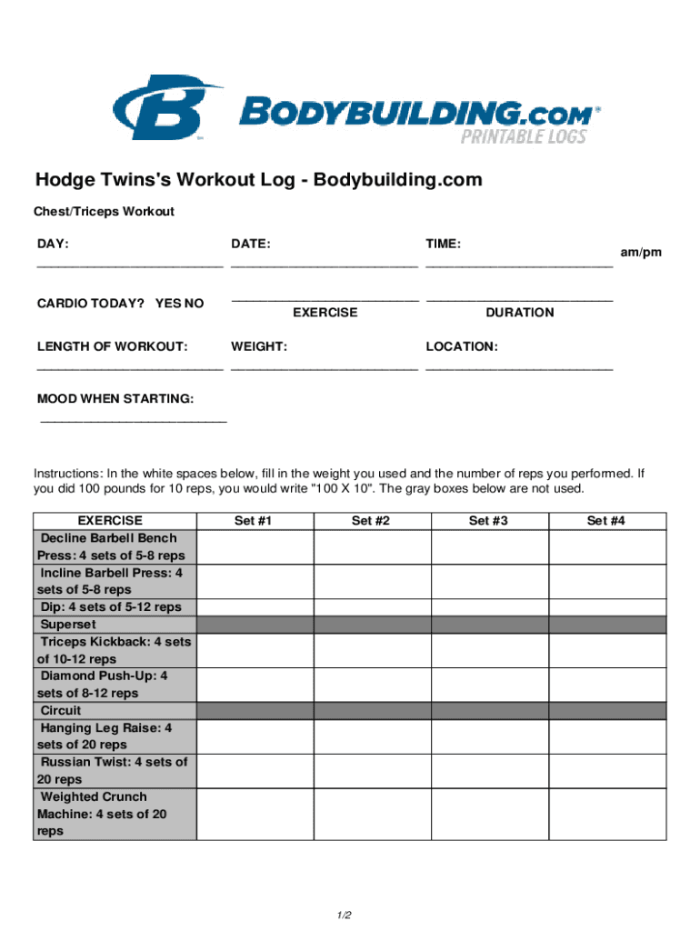 Fillable Online Hodge Twins's Workout Log - Bodybuilding.com Fax Email ...