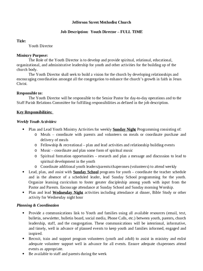 Job Description for Children and Youth Ministry Director Doc Template