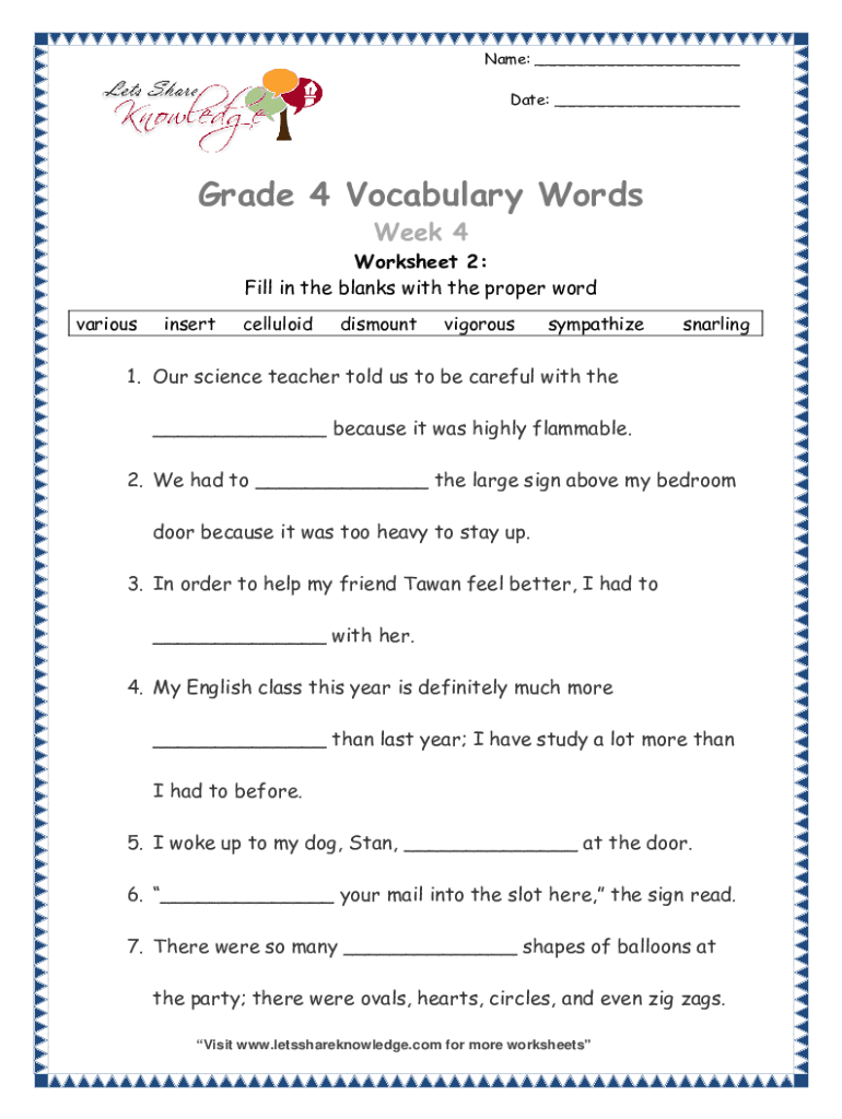 Fillable Online Vocabulary Worksheets Grade 4 - Fill Online, Printable ...