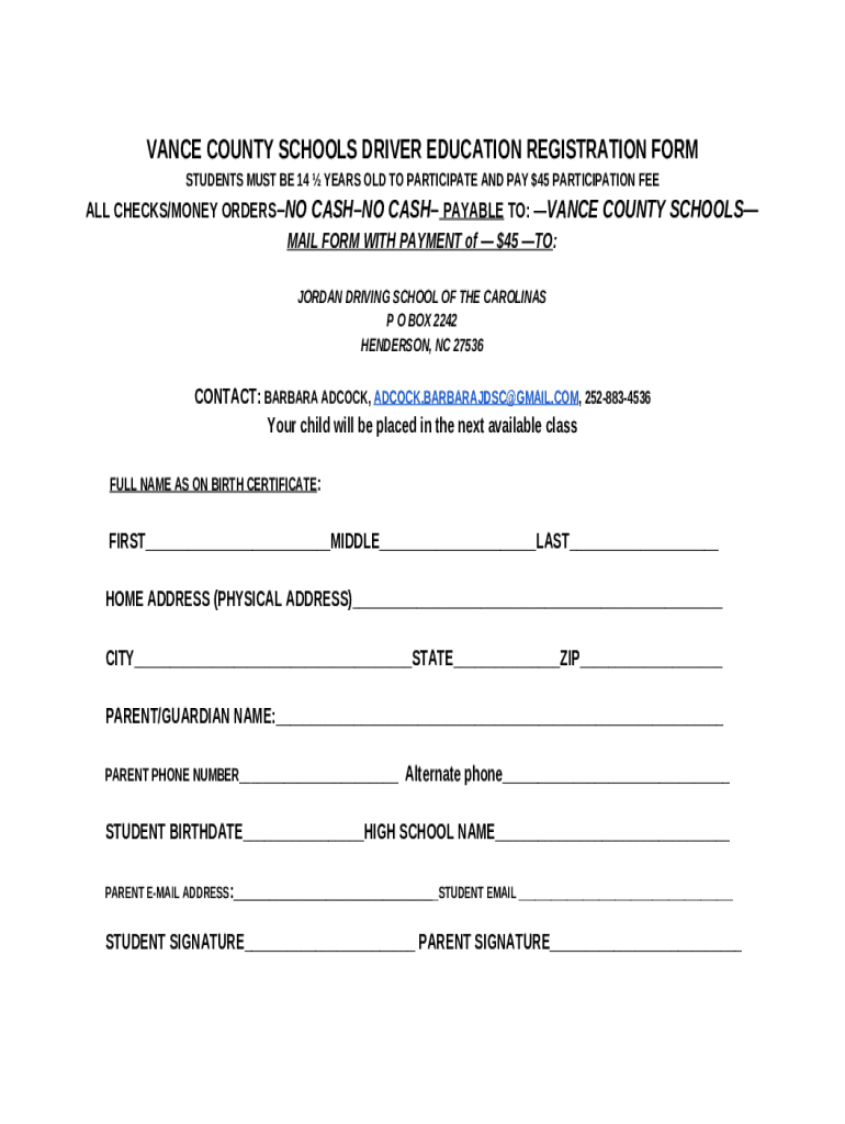 vance county schools driver education registration Doc Template pdfFiller