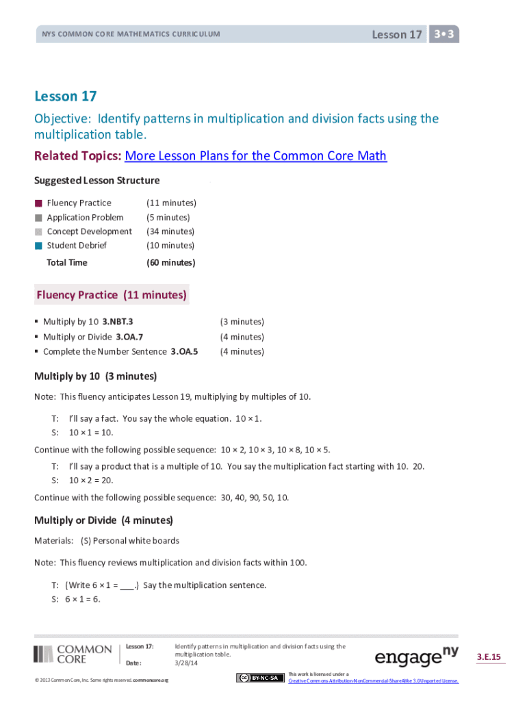 Fillable Online Math Grade 3 Module 3 Lesson 17 identify patterns ...