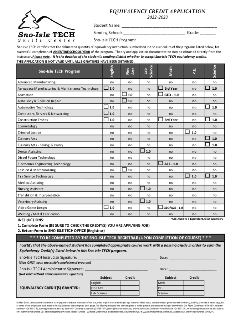 Fillable Online SnoIsle TECH Skills Center Snohomish School District