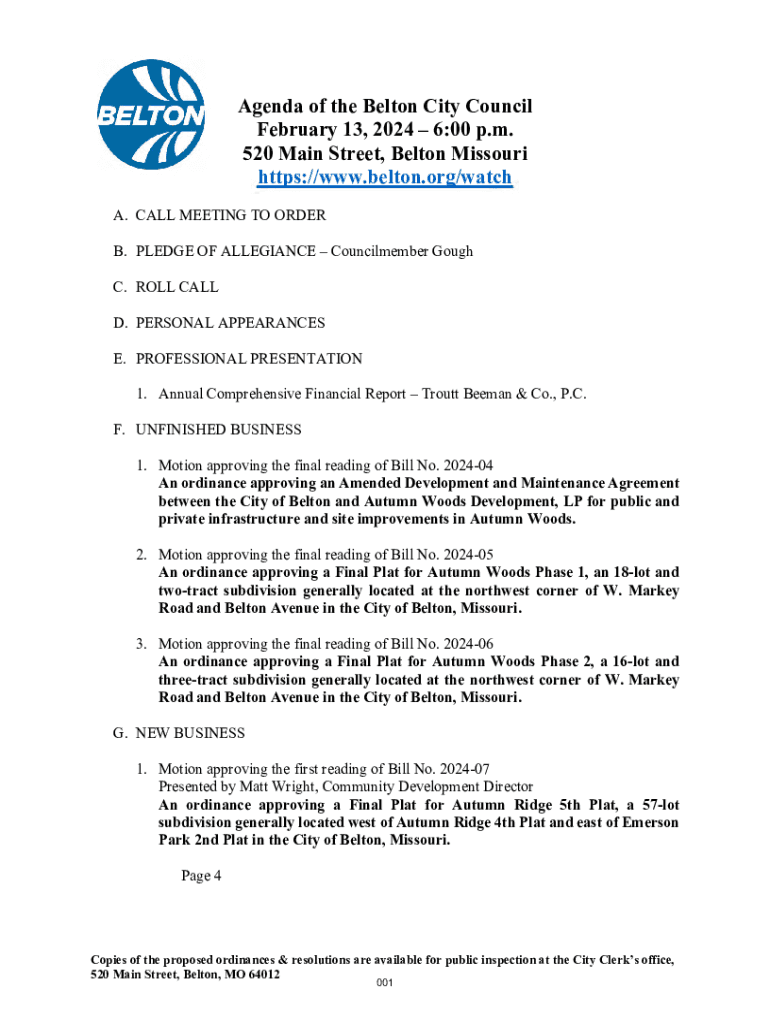 Fillable Online Agenda of the Belton City Council February 13, 2024 Fax