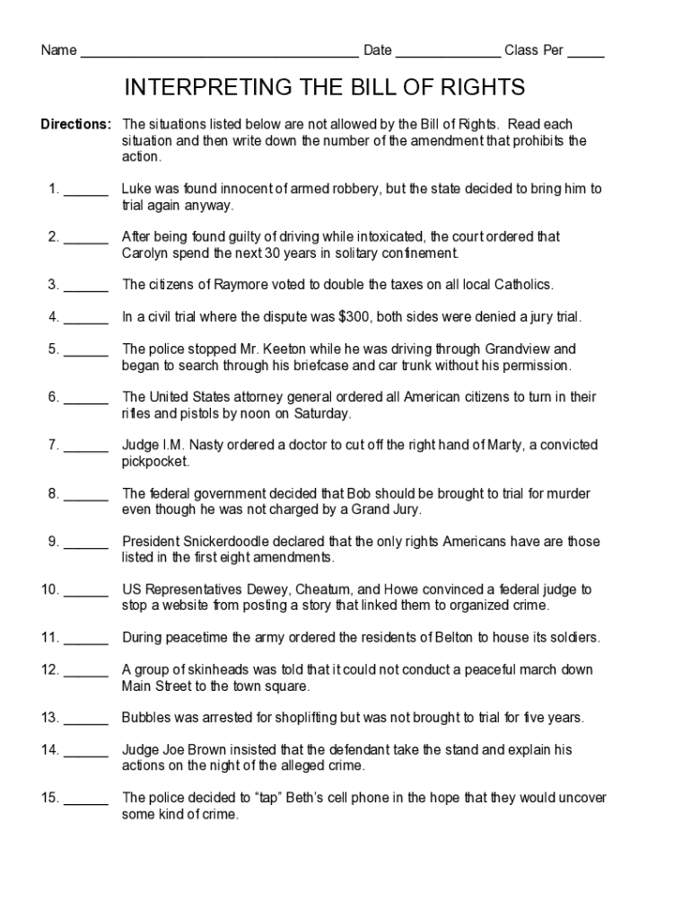 Bill Of Rights Worksheet Pdf
