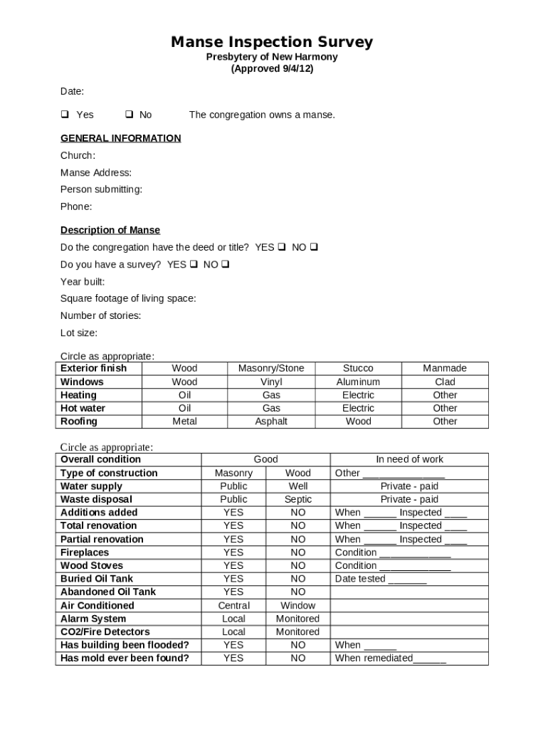 Manse Assessment Presbytery of Newton Doc Template | pdfFiller