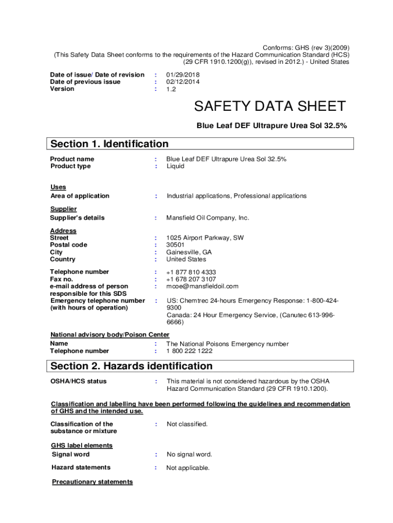 Fillable Online Masnfield Energy Blue Leaf Diesel Exhaust Fluid SDS