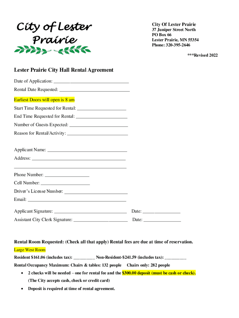 Fillable Online Lester Prairie City Hall Rental Agreement Fax Email