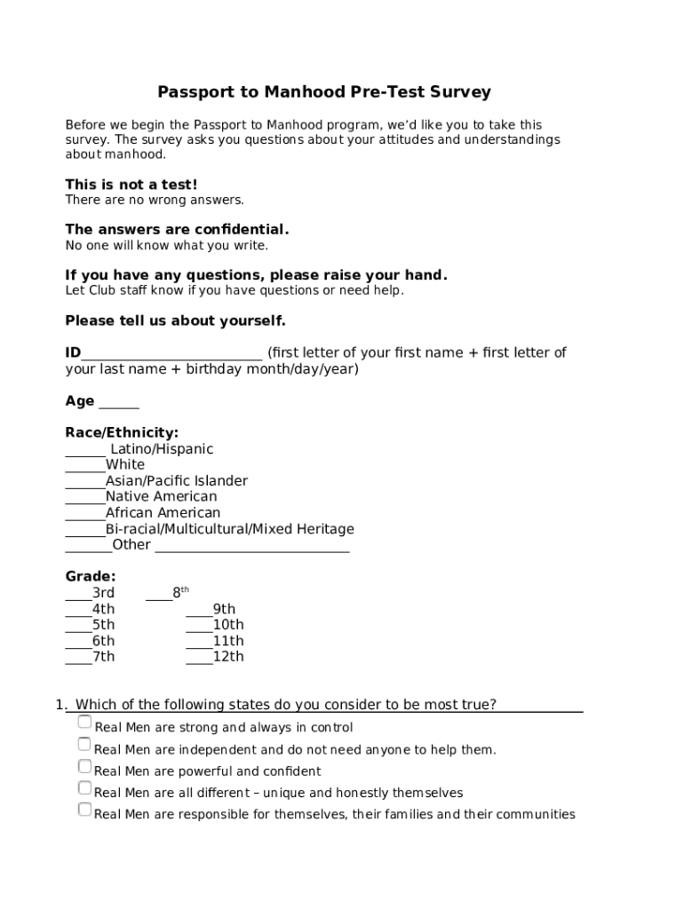 Passport to Manhood Pre- and Post-Test Survey Instructions Doc Template ...