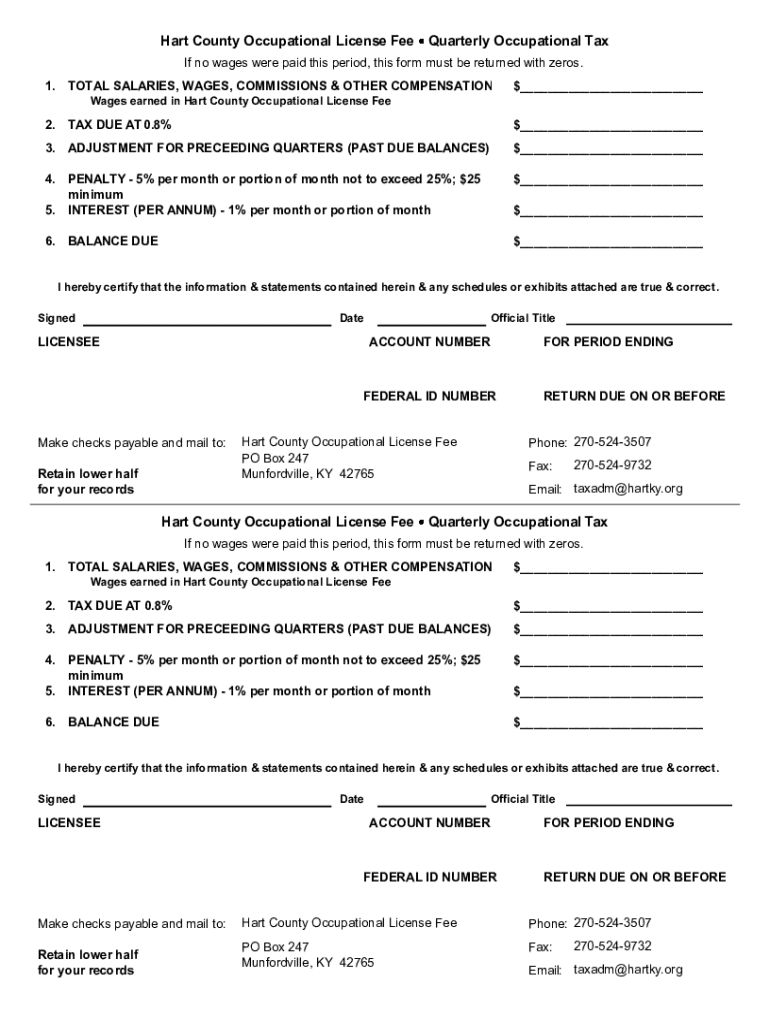 Fillable Online HART COUNTY, KY OCCUPATIONAL LICENSE TAX Fax Email