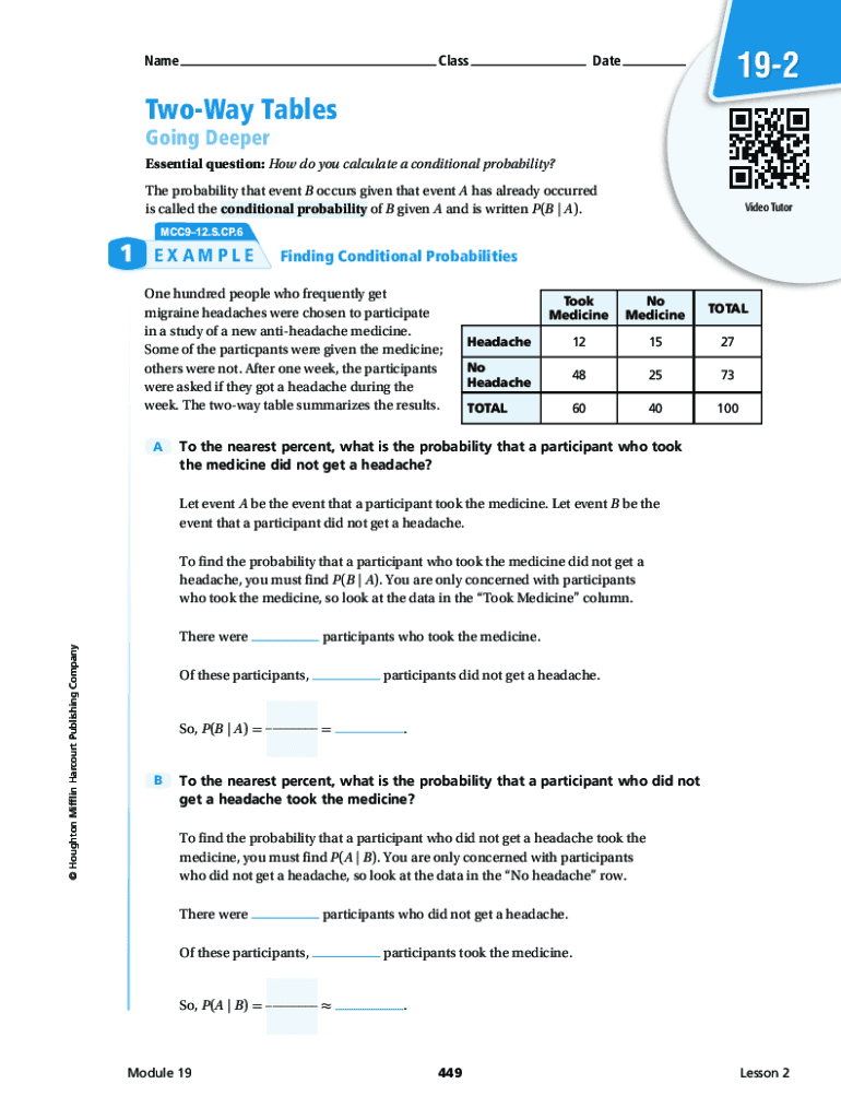Fillable Online Conditional probability using two-way tables (article ...