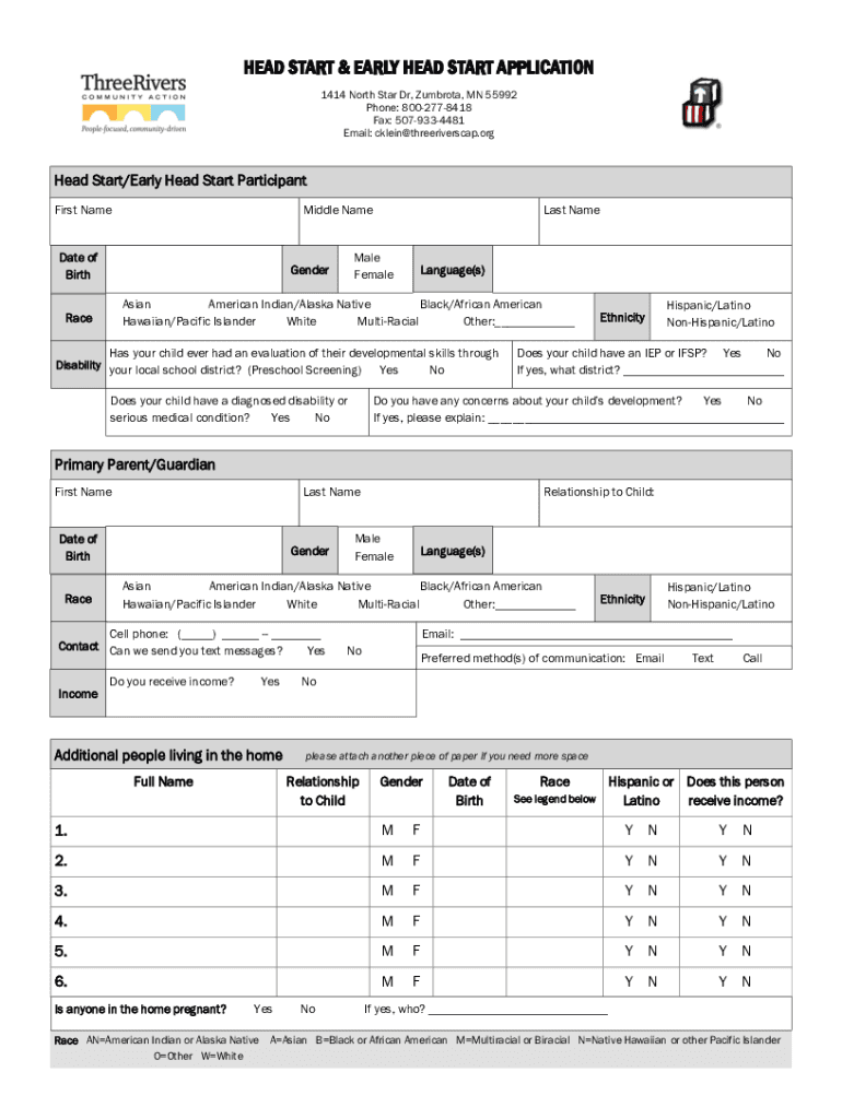 Fillable Online Head Start/Early Head Start English Online Application