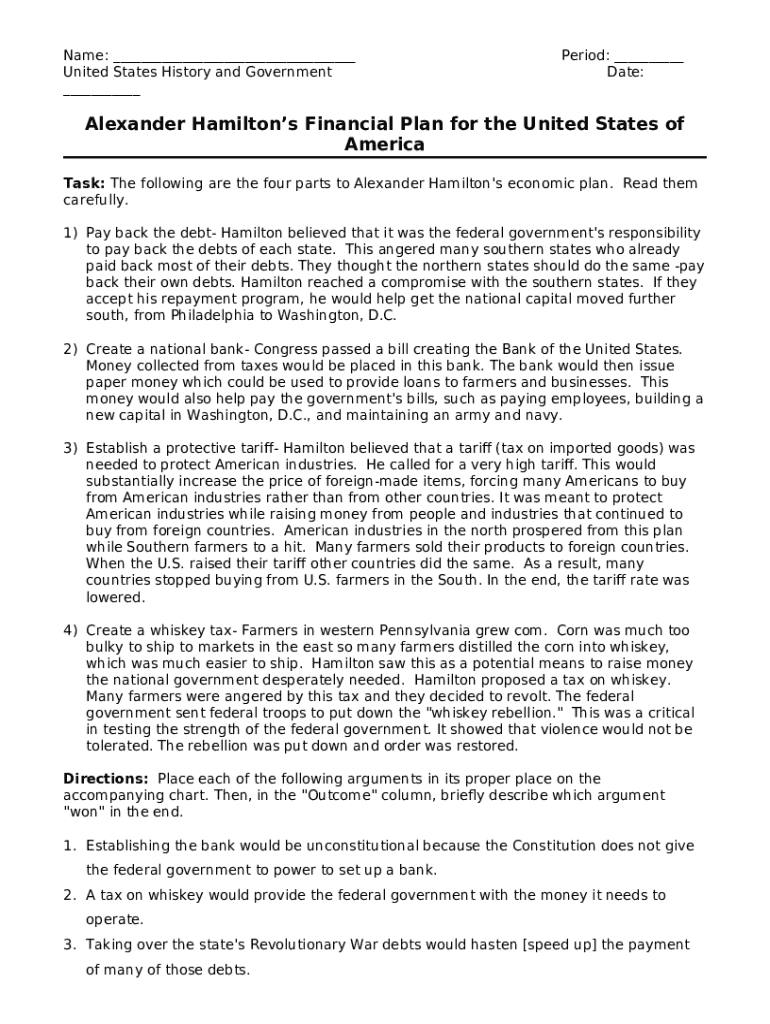 Alexander Hamilton's Financial Plan for the United States Doc Template pdfFiller