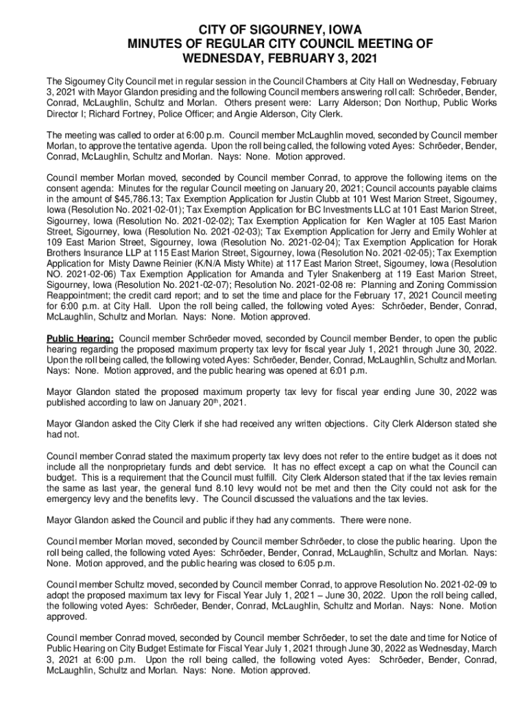 Fillable Online The Sigourney City Council met in regular session in the Council Chambers at