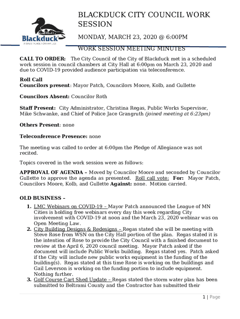 CALL TO ORDERThe City Council of the City of Blackduck met in a scheduled work session in