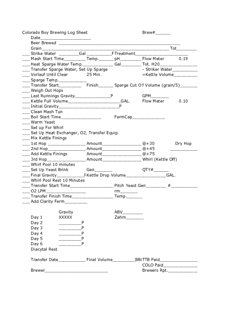 Fillable Online Colorado Boy Brewing Log Sheet Fax Email Print pdfFiller