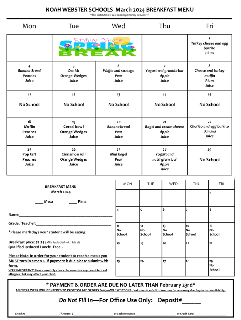 Fillable Online Reading School District High School Breakfast Menu fillable-online-reading-school-district-high-school-breakfast-menu