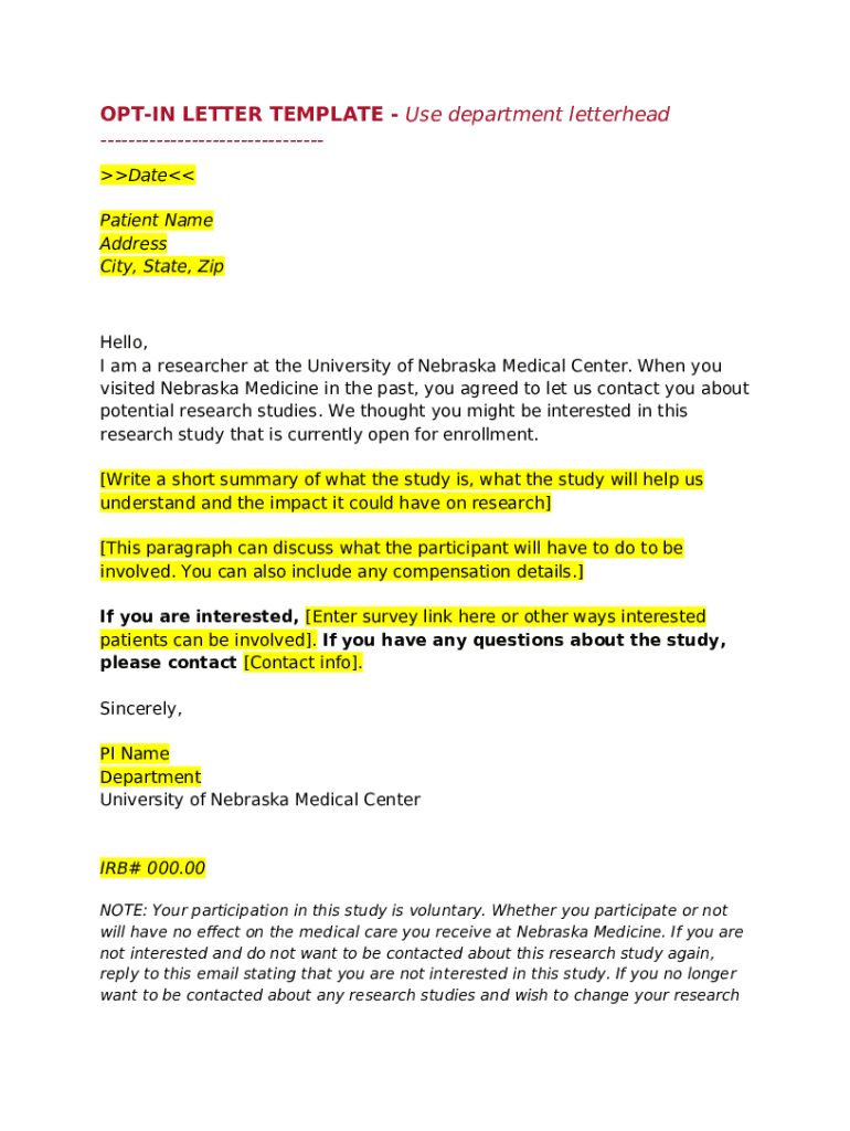 OPT IN LETTER TEMPLATE Use department letterhead Doc Template pdfFiller OPT IN LETTER TEMPLATE Use department letterhead Doc Template pdfFiller