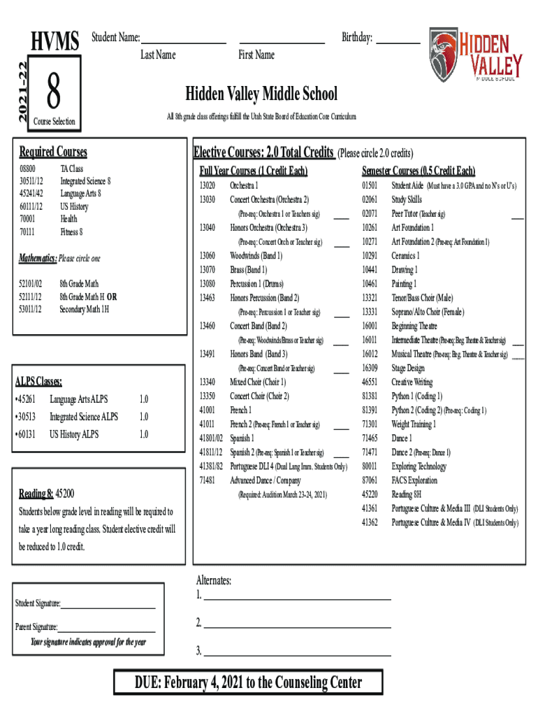 Fillable Online HIDDEN VALLEY MIDDLE SCHOOL 8TH GRADE COURSE Fax