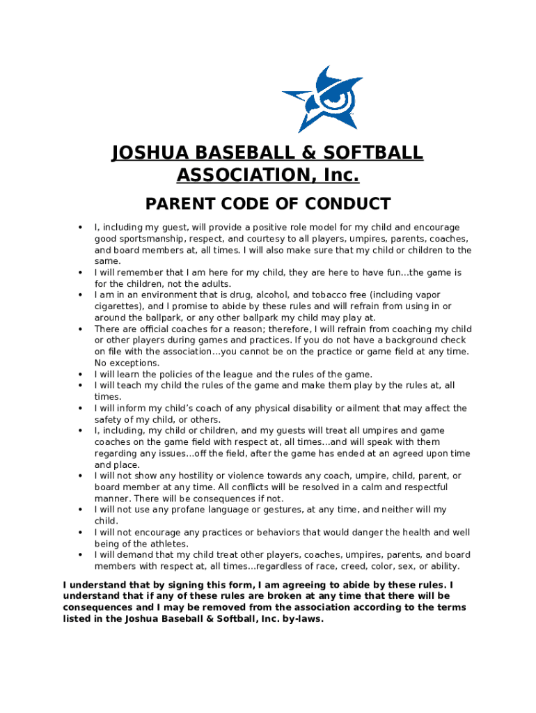 Parent Code of Conduct Skokie Baseball Softball League Doc Template