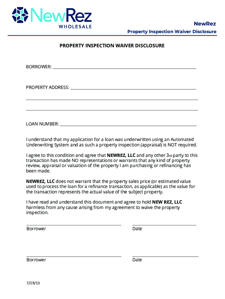 Fillable Online Property Inspection Waiver Means No Appraisal Required