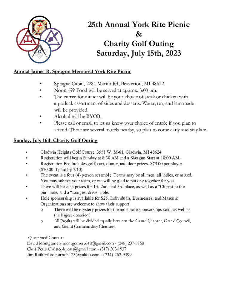 Fillable Online 25th Annual York Rite Picnic & Charity Golf Outing ...