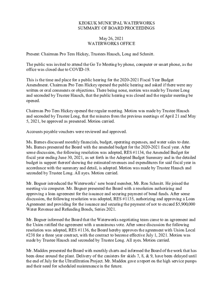 Fillable Online Chairman Pro Tem Hickey, Trustees Hausch and Lo Fax