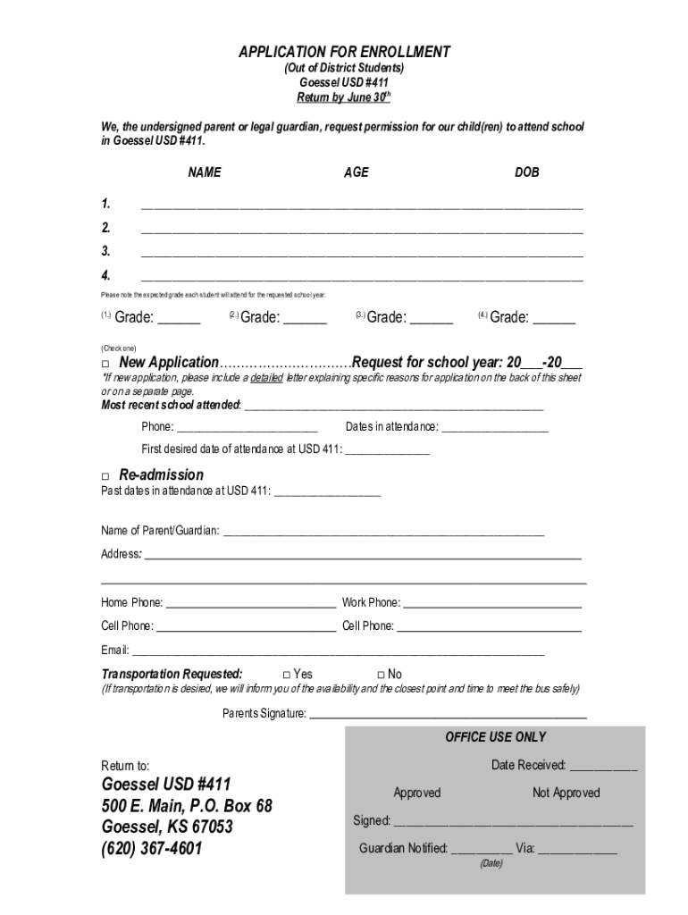 Goessel USD 411 Enrollment Ination and s Doc Template pdfFiller