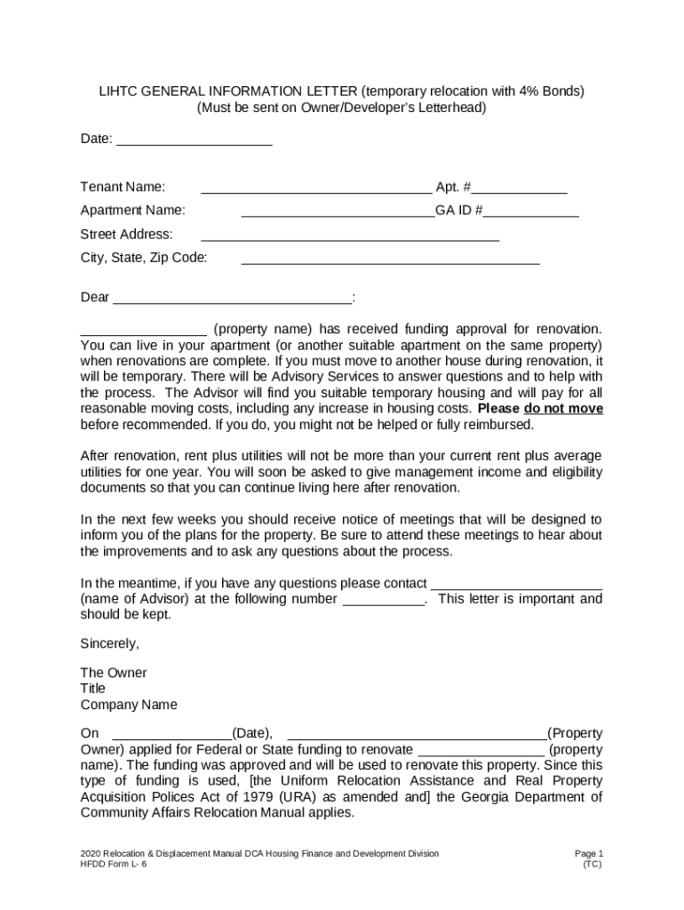 Sample Temporary Relocation Notice (Tenant) Grantee or Doc Template pdfFiller