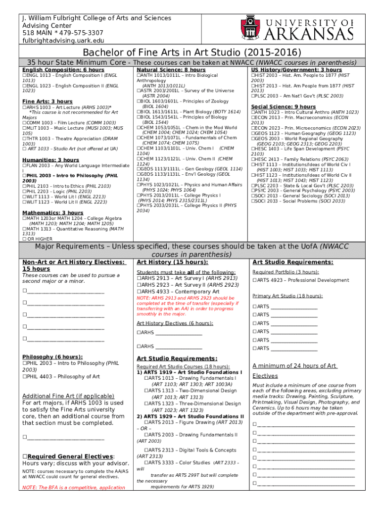 Bachelor of Fine Arts in Art Studio (20152016) fulbright uark Doc Template pdfFiller