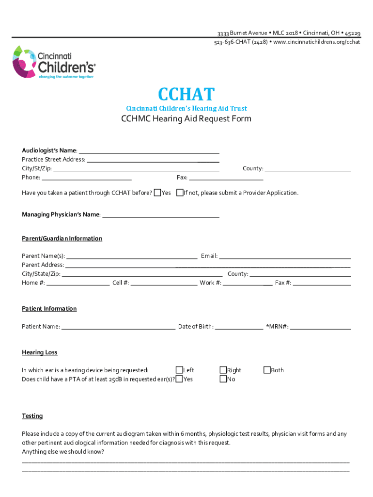 Fillable Online CCHMC Hearing Aid Request. CCHMC Hearing Aid Request