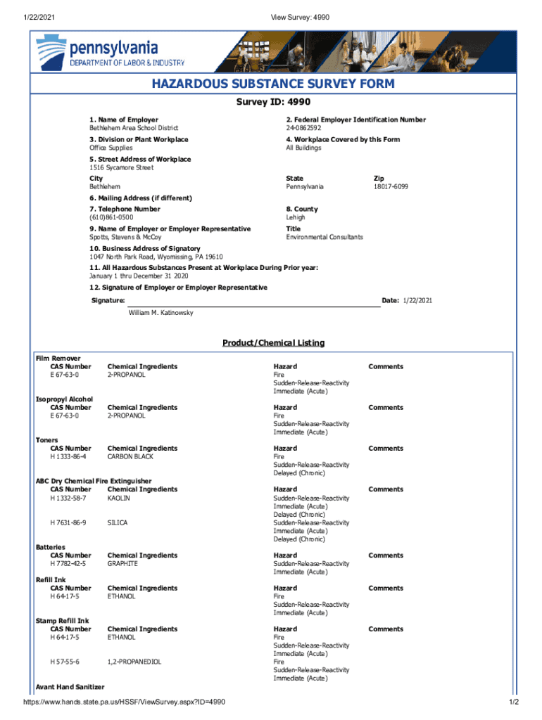 Fillable Online HAZARDOUS SUBSTANCE SURVEY FORM Fax Email Print pdfFiller