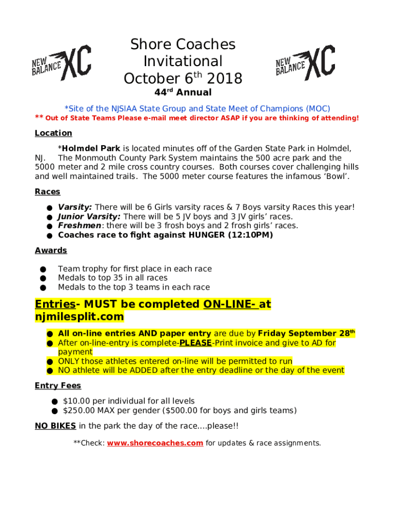 Shore Coaches Invitational Meet Info Cross Country Meet Doc