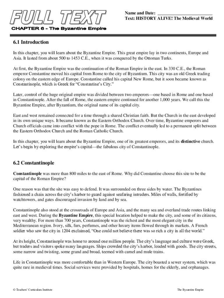 Fillable Online Byzantine Empire Chapter 6 in History Alive The