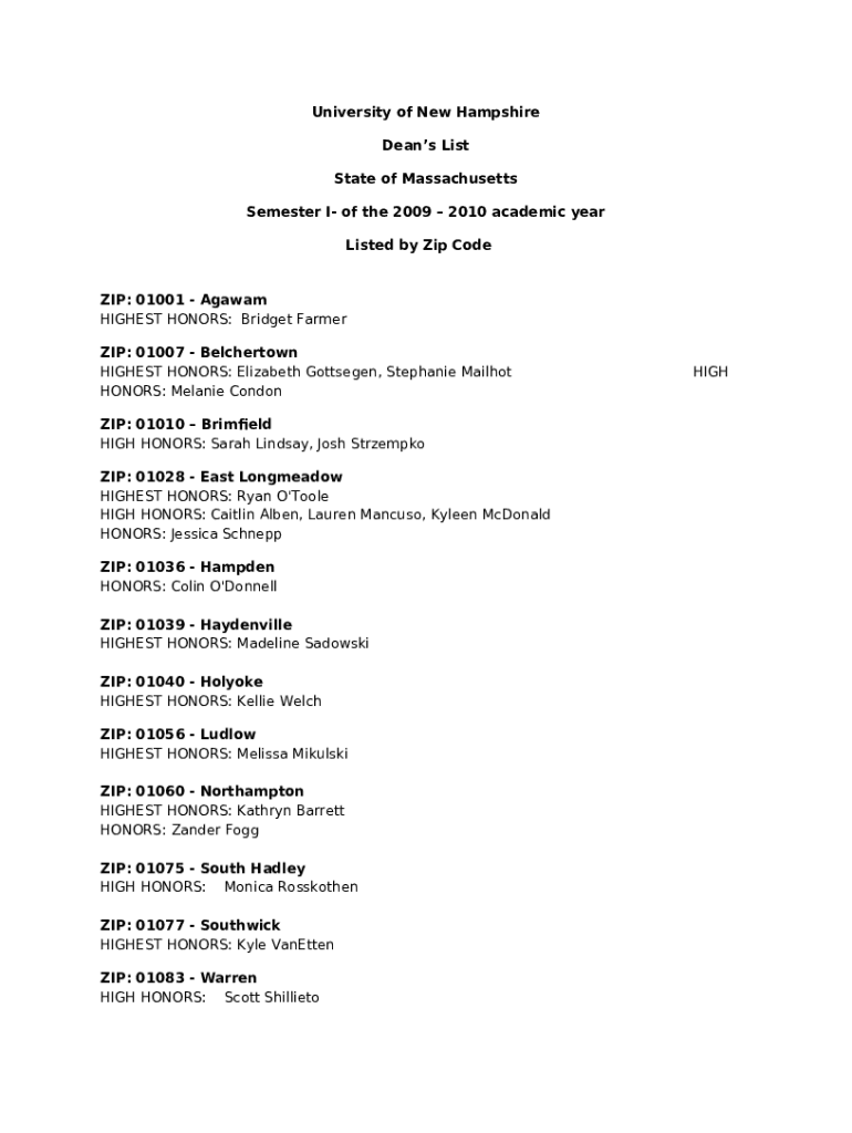 University of New Hampshire's Dean List Semester I Doc Template