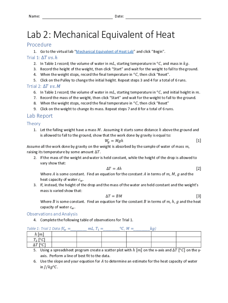 Fillable Online mechanical equivalent of heat lab 1 .docx Table A Ti