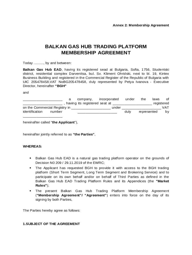 balkan gas hub trading plat membership agreement Doc Template pdfFiller