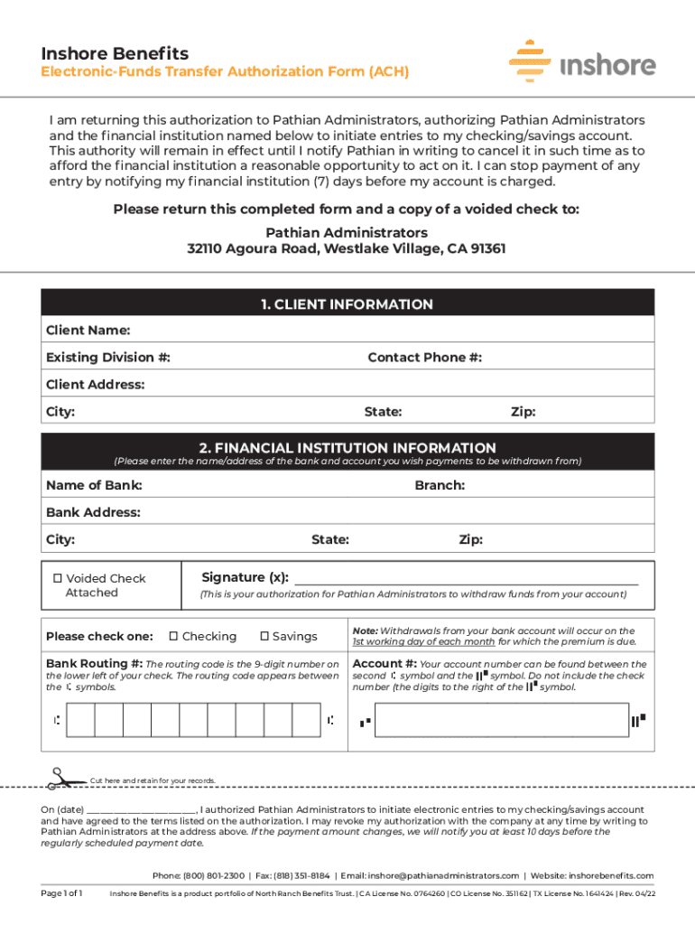 Fillable Online Electronic-Funds Transfer Authorization Form (ACH) Fax ...