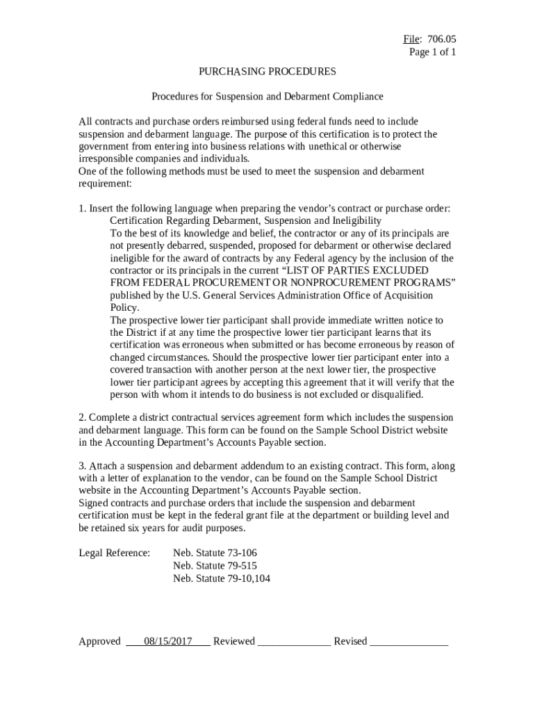Procedures for Suspension and Debarment Compliance Doc Template | pdfFiller