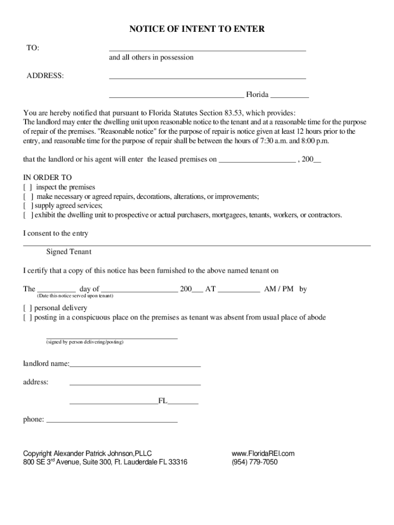 Fillable Online My landlord is trying to use section 83.53 Florida