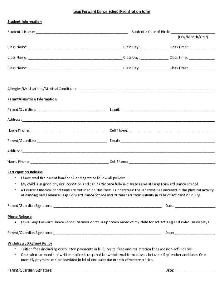 Fillable Online Leap Forward Dance School Registration Form Fax Email