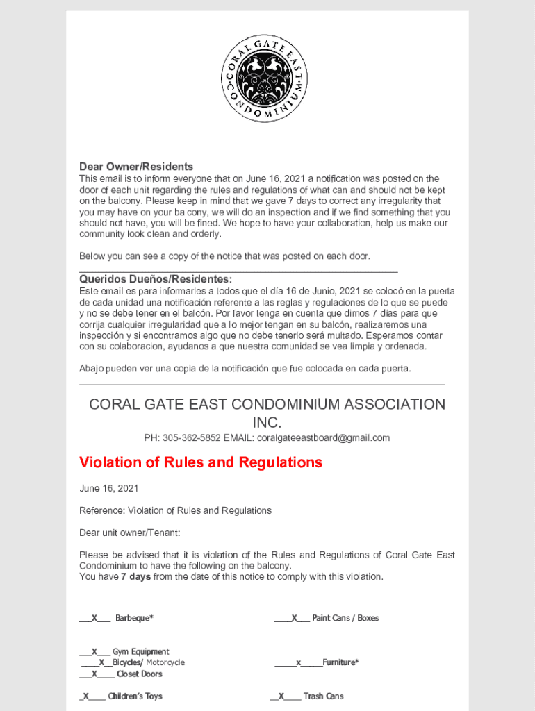 Completable En línea CORAL GATE EAST CONDOMINIUM ASSOCIATION INC. Fax Email Imprimir pdfFiller