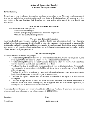 Acknowledgement of Receipt Notice of Privacy Practices