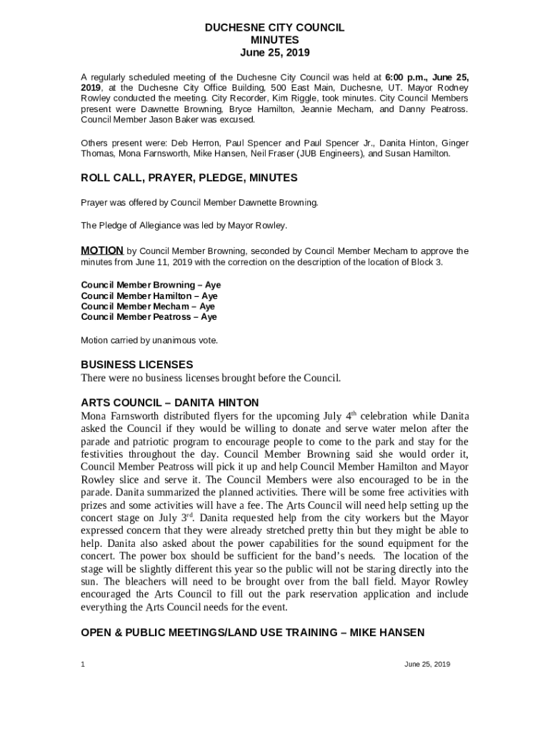 , June 25, 2019, at the Duchesne City Office Building, 500 East Main