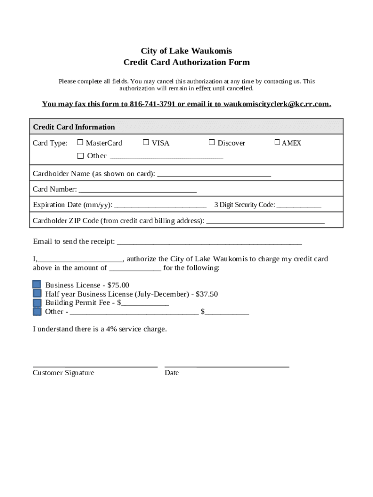 City of Lake Waukomis Credit Card Authorization Doc Template pdfFiller