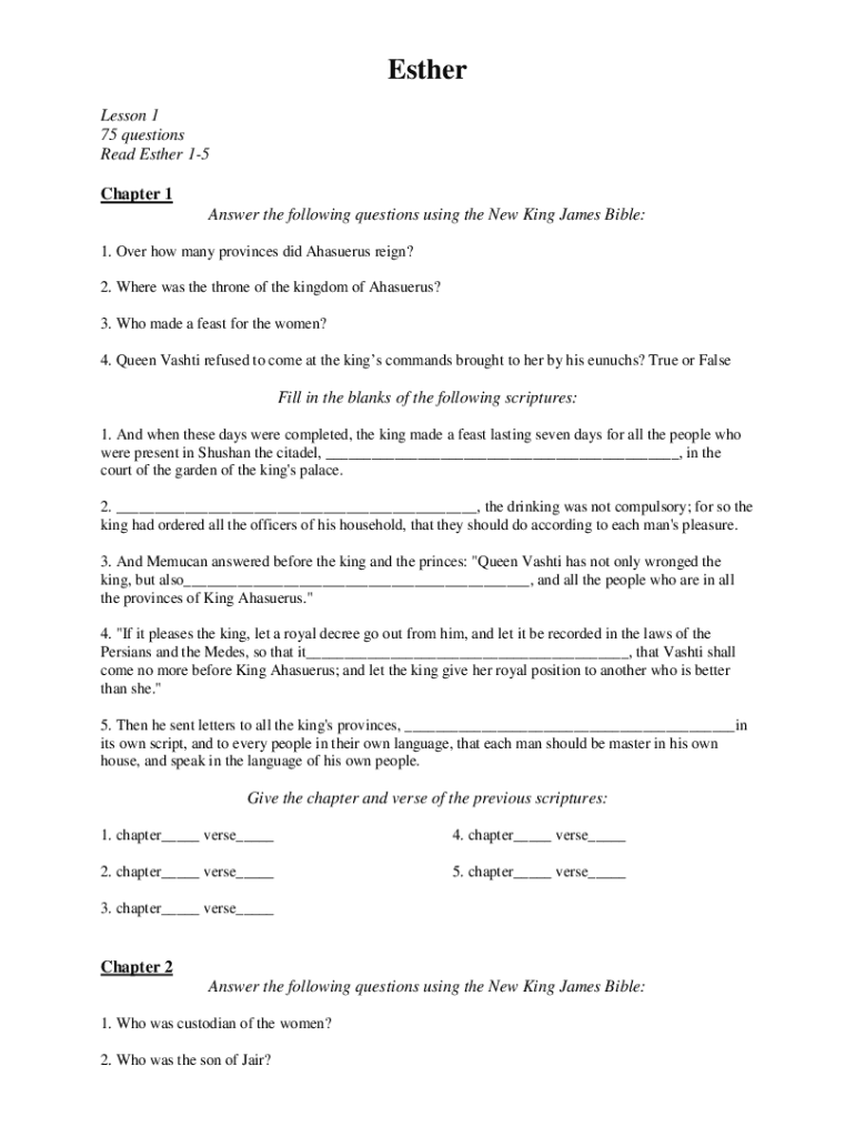 Fillable Online Esther Questions and Answers All Chapters New King ...