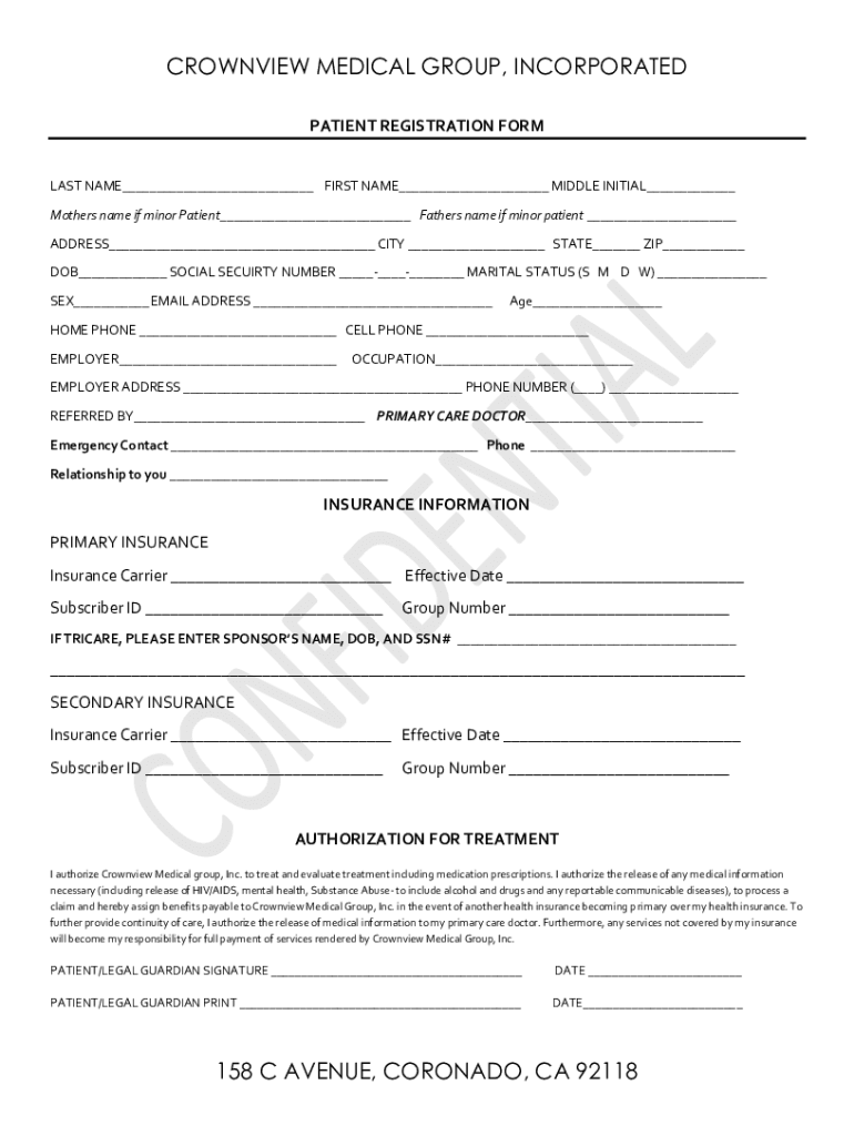 Fillable Online Crownview Medical Group: Top San Diego Mental Health